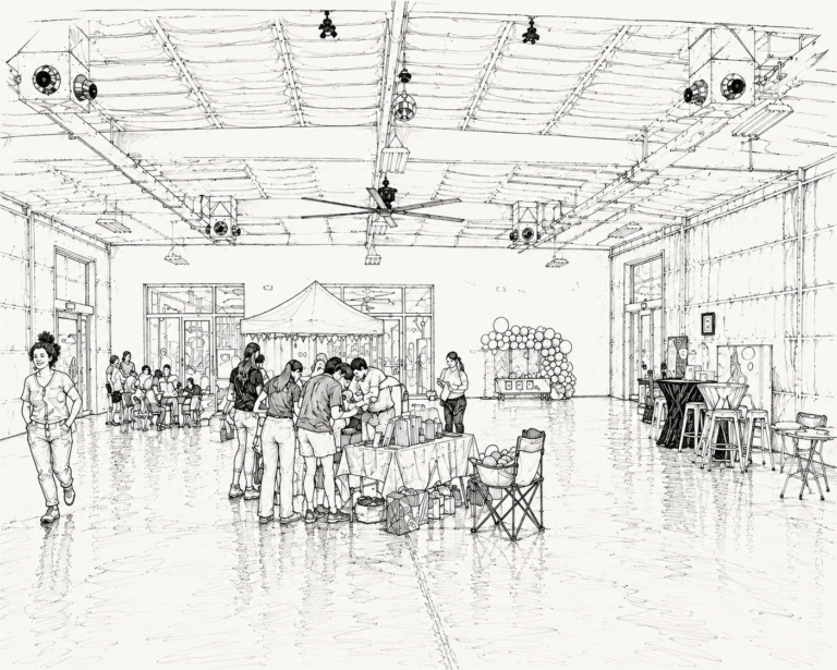 Line-art illustration of guests gathering inside Second Sky event space in Tucson