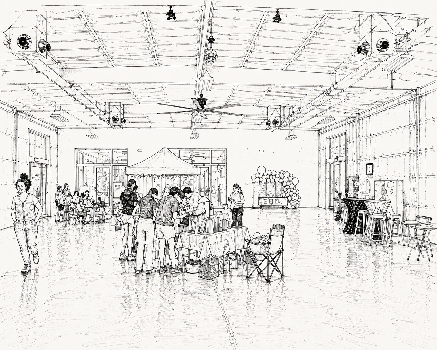 Line-art illustration of guests gathering inside Second Sky event space in Tucson