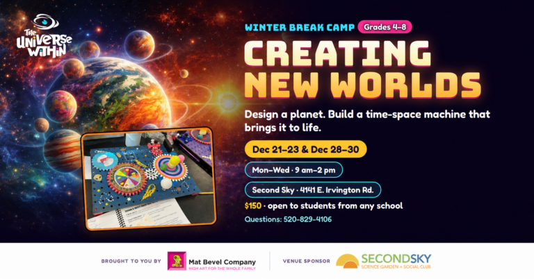 Creating New Worlds Winter Camp at Second Sky, featuring imaginative planets and kinetic art projects for grades 4–8.