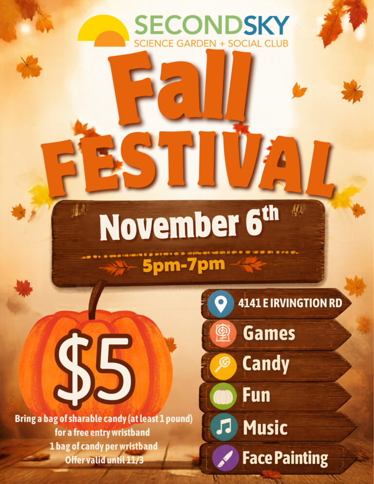 Fall Festival flyer for Second Sky, November 6, 5–7 PM, featuring games, candy, music, and face painting.