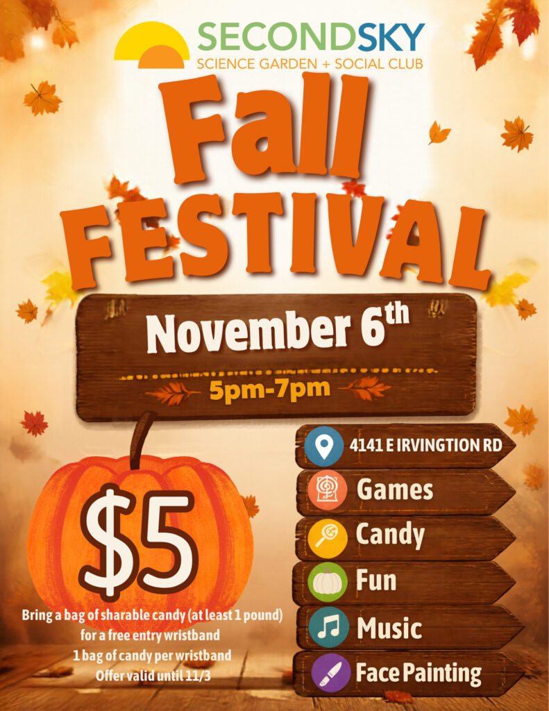 Fall Festival flyer for Second Sky, November 6, 5–7 PM, featuring games, candy, music, and face painting.